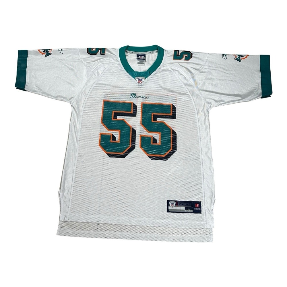 NFL Reebok Miami Dolphins Junior Seau #55 VTG White Green Jersey Size L EUC
